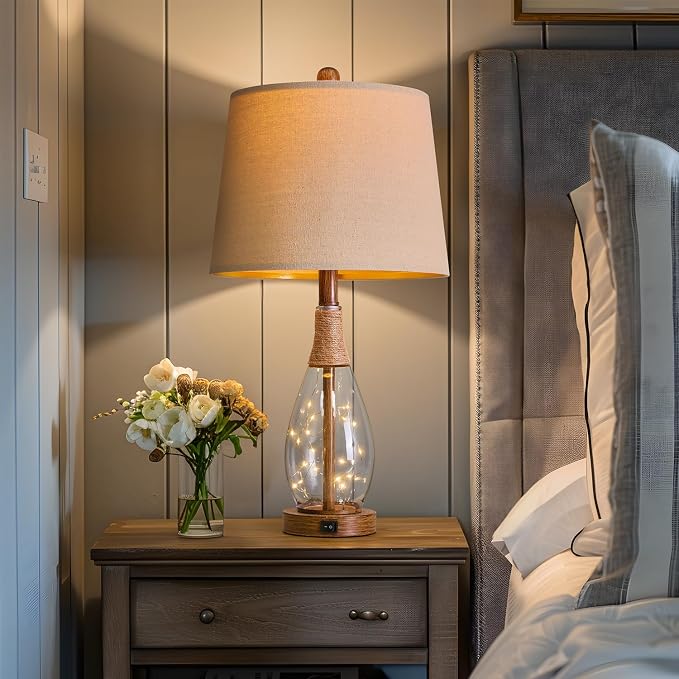 23" USB A+C Table Lamp for Bedroom Living Room Modern Bedside Lamps Retro Farmhouse Rattan Glass Nightstand Nightlight Lamps,Two Light Points