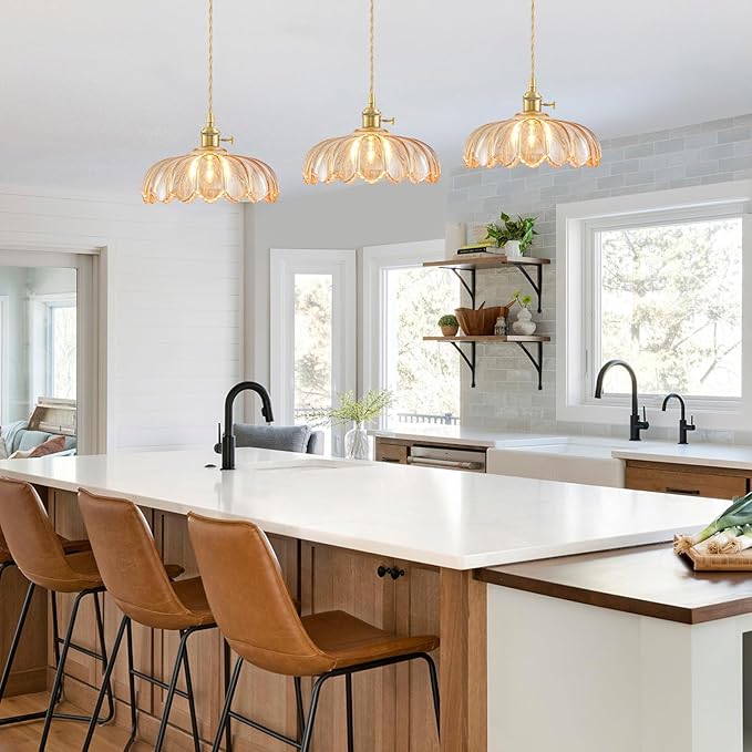 2 Pack Glass Pendant Lights Kitchen Island, Vintage Brass Pendant Light Fixtures, Adjustable Amber Kitchen Pendant Lighting Over Island for Bedroom Living Room Hallway Dining Room