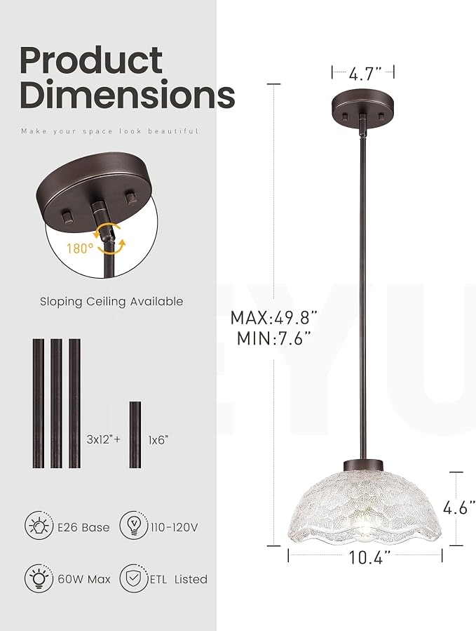 zeyu 1-Pack Adjustable Hanging Light, Bronze Pendant Light, Kitchen Island Hanging Ceiling Light with Clear Hammered Glass, Oil Rubbed Bronze Finish, ZJX116M1L ORB