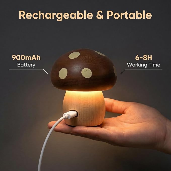 Wood Mushroom Lamp, Rechargeable Small Bedside Lamp, Touch Mushroom Night Light Small lamp for nightstand, Portable Battery Operated Lights for Bedroom Kids Birthday Gifts