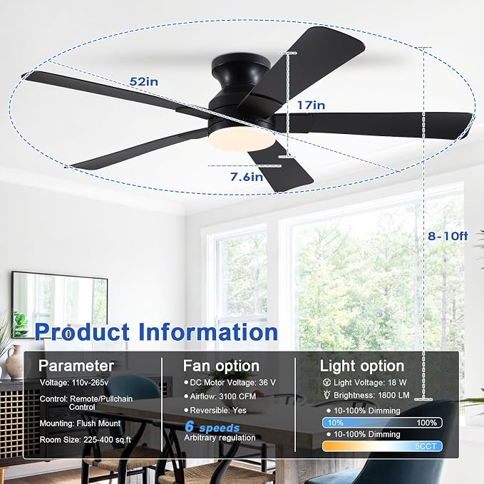 52 inch Ceiling Fans with Lights, Black Flush Mount Ceiling Fan with Remote, 3CCT, LED Dimmable, Reversible, 6 Fan Speeds, Quite Low Profile Ceiling Fan with Lights Modern Bedroom Kitchen Indoor