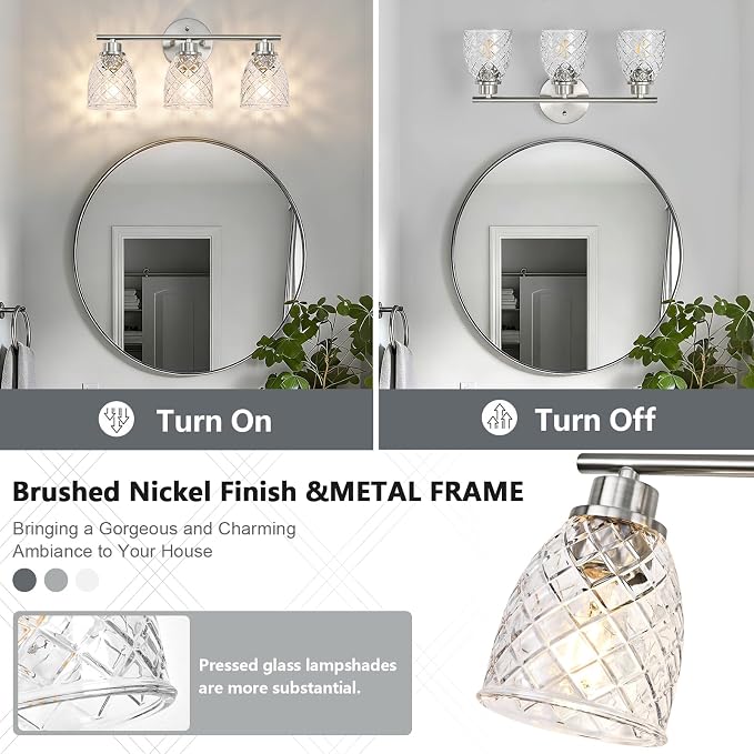 3-Light Bathroom Light Fixtures, Brushed Nickel Vanity Lights Over Mirror | Modern Farmhouse Wall Sconces with Hammered Glass Lampshade for Kitchen Hallway Bedroom Living Room Cabinet Porch-18.1IN