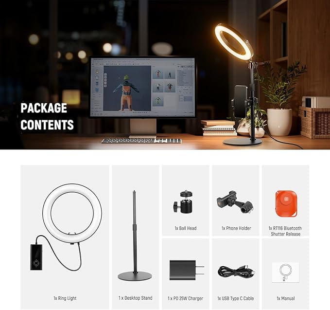 NEEWER 8" 18W High Power Desk Ring Light with Stand & Phone Holder, Circle Selfie Ringlight for iPhone Streaming Vlogging Recording, Video Conference Lighting Kit for Laptop Computer Zoom Call, RH8B