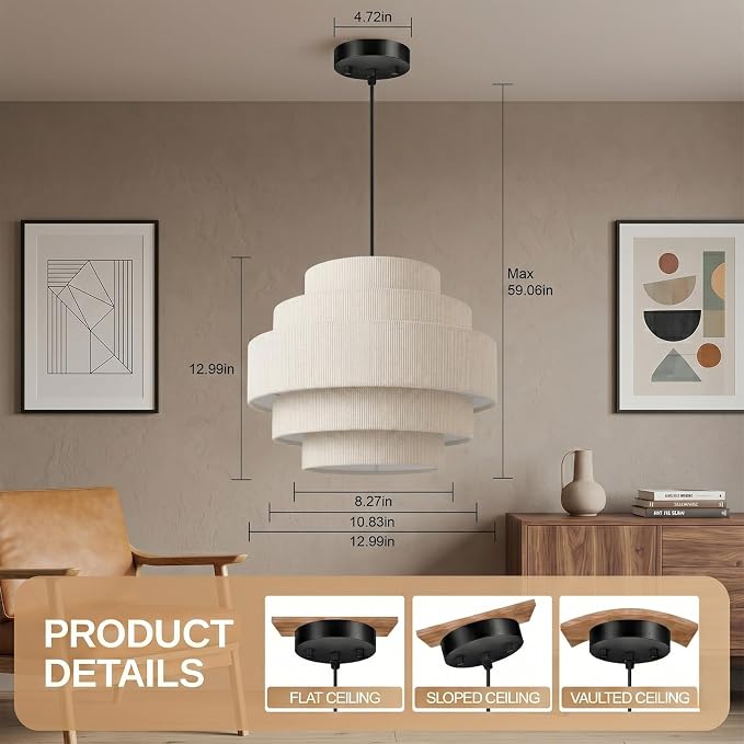 AUQUEE 5-Tier Corduroy Pendant Light for Kitchen Island, 13” Anti-Glare Boho Hanging Light Fixture, Adjustable Modern Ceiling Chandelier for Dining Room Bedroom Living Room Entryway Hallway, Beige