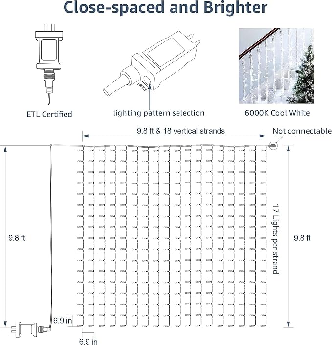 Lepro Lighting Ever 306 LED Curtain Lights Cool White, Hanging Fairy Lights | 10 x 10 ft Large Size, 18 Hang Down String Lights, 6.9" Apart, High Density Backdrop Lights, 8 Modes, 6000K, Not Connectable