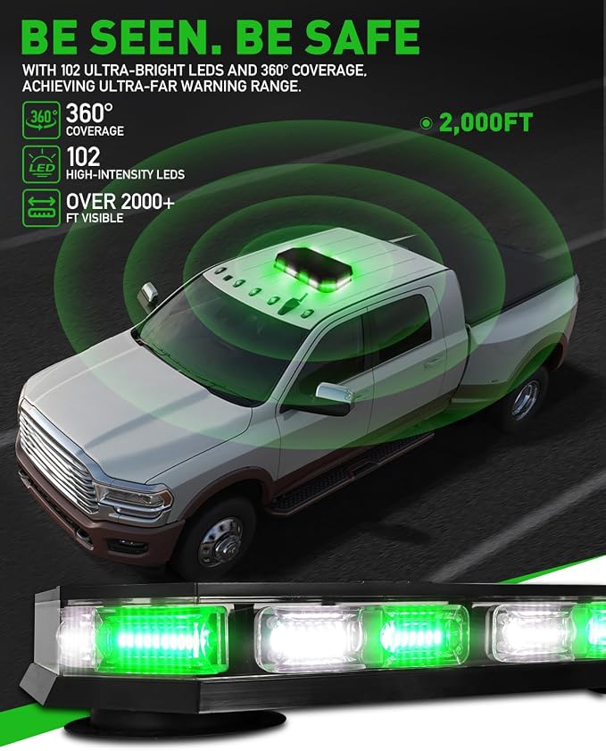 HLauto 406D Rooftop Emergency Strobe Lights Bar, 102 LED Green White Mini Beacon Safety Flashing Warning Traffic Lights Bar w/Magnetic Base for 12-24V Trucks, Construction Vehicles, Snowplow, Cars