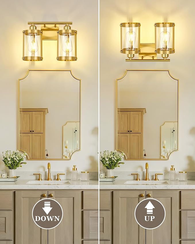 2-Light Brushed Gold Bathroom Light Fixtures, 13.8 Inch Modern Bathroom Vanity Lighting Fixtures Over Mirror with Clear Glass and Metal Cage Wall Sconce Lights for Bath, E26, OS-3014BG-2W