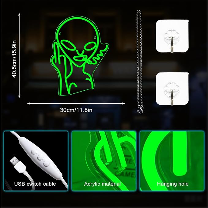 Green Alien LED Neon Signs for Wall Decor Shop Bar Pub Man Cave Game Room Decor Hip Hop Party Signs For Green Bedroom Wall Decor Birthday Party Funky Aesthetic Room Decor