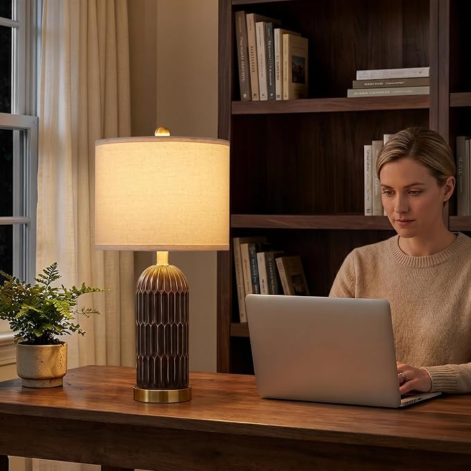 22.5" Bedside Table Lamps Set of 2, Farmhouse Table Lamp with USB A+C Charging Ports, Vintage Nightstand Lamp for Bedrooms and Living Rooms, Mid Century Modern End Table Lamp, Brown and Gold