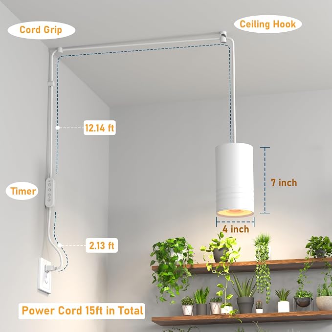 Hanging Grow Lights for Indoor Plants Full Spectrum, COB Pendant Spotlight Plant Grow Light for Large Tall Plant, Garden, Herb, Seed, with Timer and 15ft Braided Cord, 40W 3000K, Full Aluminum White