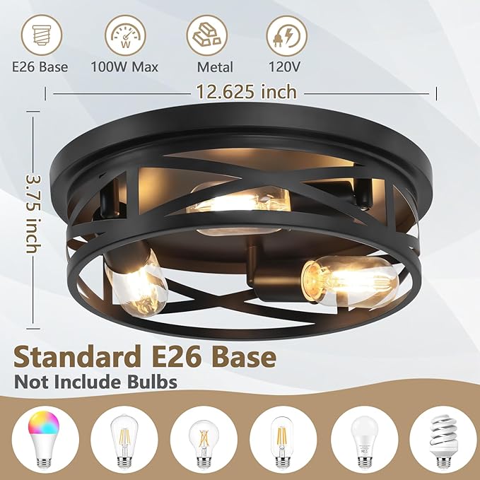 13-Inch Farmhouse Ceiling Light Fixtures 2-Pack, 3-Light Black Flush Mount Ceiling Light, Kitchen Lighting Fixtures Ceiling with Adjustable Head, Ceiling Lights for Hallway Kitchen Entryway, E26 Base