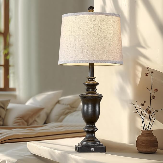 SAIWEYA 27.5" Set of 2 Farmhouse Table Lamps for Bedroom with AC Outlet | USB A+C Ports, 3 Way Dimmable Touch Control , Nightstand Lamps for Bedside, LED Bulb Included