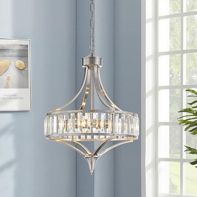 Brushed Nickel Bathroom Chandeliers for Dining Room,15.7" Modern Round Crystal Chandelier Over Tub,4-Light Unique Pendant Light Fixtures for Entryway Foyer Living Room Bedroom Kitchen Island
