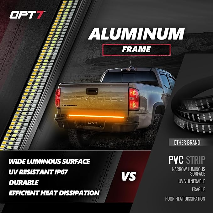 OPT7 Redline 48" Aluminum Truck Tailgate Light Bar w/Sequential Amber Turn - Weatherproof Rigid 1-Piece Triple Row LED Strip - Dynamic Taillight w/White Reverse - Fits Tacoma Colorado Frontier Canyon