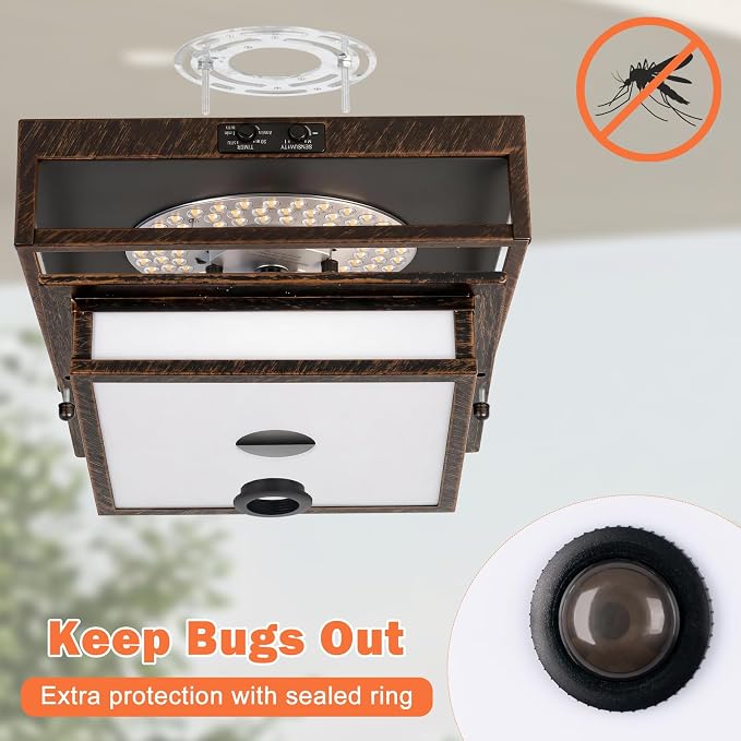 LED Motion Sensor Outdoor Ceiling Light Dusk to Dawn Black Brushed Gold | 10.5", Square, Flush Mount, Adjustable Color, Modern, Waterproof, for Exterior Porch Garage Entryway Patio