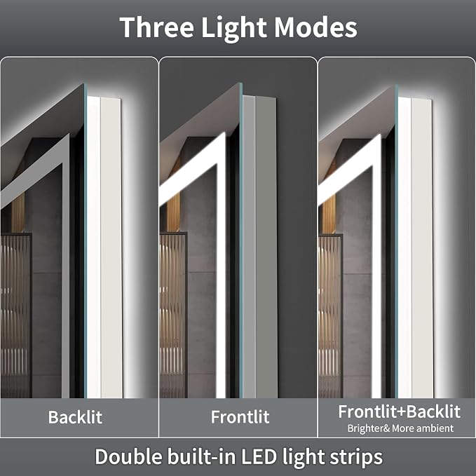 LED Mirror for Bathroom, 48x36 Inch Backlit + Front Lighted Bathroom Vanity Mirror with Lights for Wall, Double Light Strips, 3 Colors, Shatter-Proof, Anti-Fog and Brightness Memory | Bathroom Vanity Mirror with Lights for Wall, Double Light Strips, 3 ...
