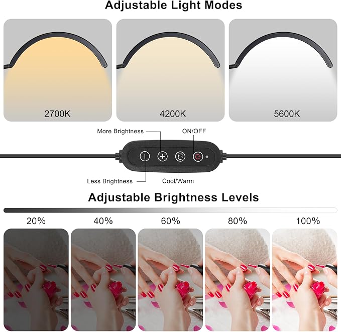 Professional Half Moon LED Desk Light for Nail Techs & Artists – Flexible Gooseneck Lamp with Clamp, 5 Color Modes & 5 Brightness Levels for Manicure, Tattoo, Beauty Work