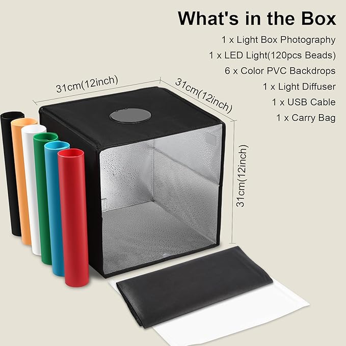 12''x12'' Foldable Photo Light Box Studio Kit with 120 LED Ring Light 3 Lighting Modes & 6 Color Backdrops Portable Shooting Tent for Product Photography Jewelry Small Items