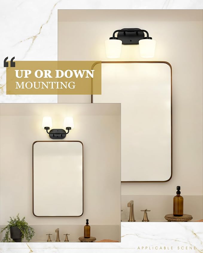 2-Light Black Bathroom Light Fixtures Over Mirror | Vanity Lighting Fixtures with Milk White Glass, Vintage Farmhouse Wall Sconces Lighting, AD-22004-2W-BK