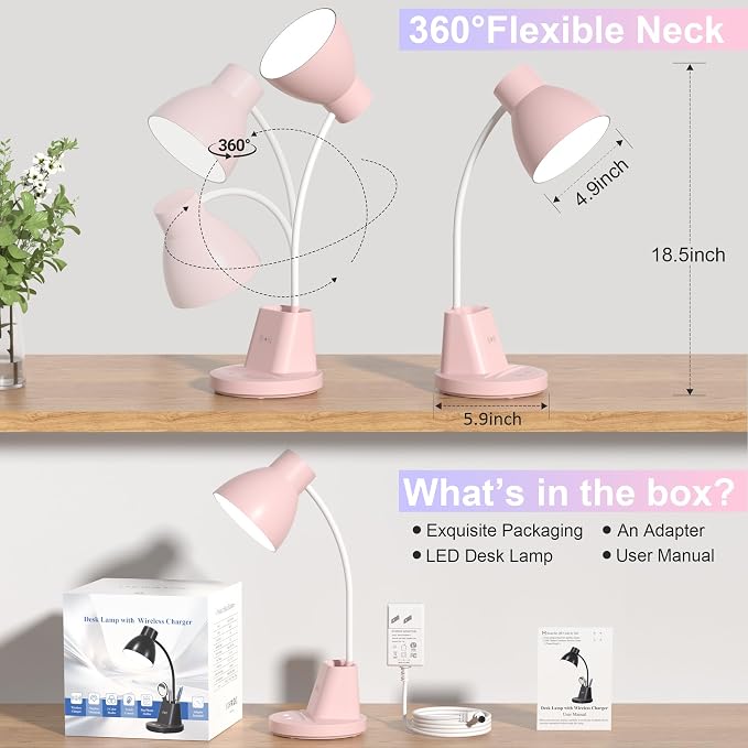 10W Wireless Charging LED Desk Lamp with Pen Holder, CRI 95, Pink | 800LM, 3 Modes, 360°Flexible Arm, Touch, Brightness, Table Lamp for Home Office, Dorm, Bedside, Study, Reading, with Adapter