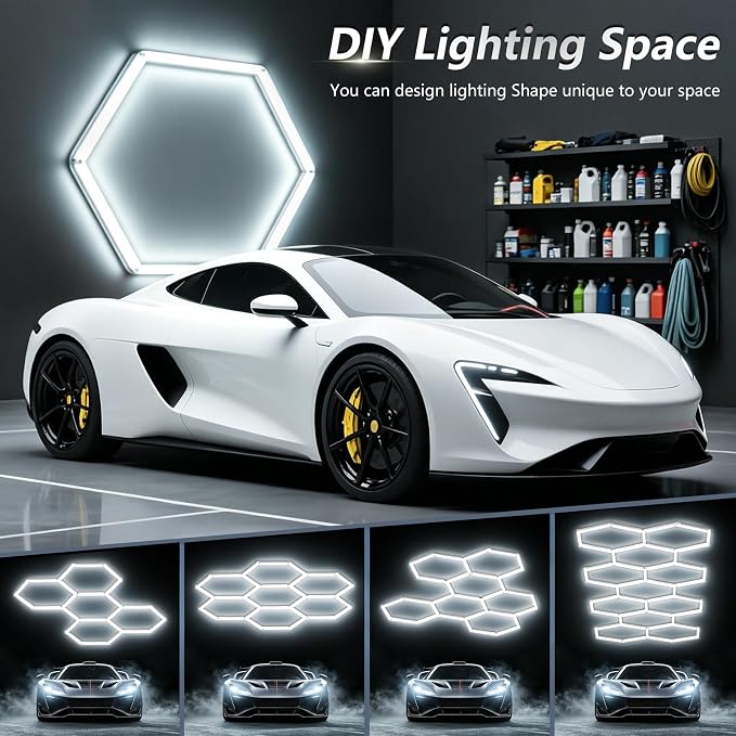 Bevenus Hexagon LED Garage Light, 322W 6500K Super Bright Honeycomb Ceiling Light, Easy Install DIY Hex Light for Workshop Warehouse Gym Auto Detailing Commercial Exhibition Hall (11 Grids)