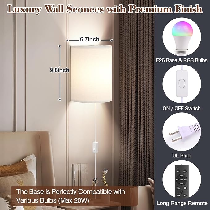 Plug in Wall Sconces Set of Two: Wall Lights with 7 RGB Colors - 3 Color Temperature Wall Mount Lamps with Remote - Fabric Linen Wall Sconc for Bedroom Living Room & Hallway- Indoor Corded Wall Sconce | 3 Color Temperature Wall Mount Lamps with Fabric ...