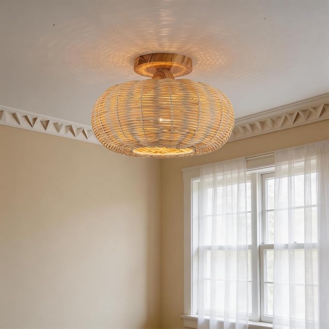 Rattan Ceiling Light Fixtures,Boho Chandelier Small Flush Mount Ceiling Light,12'' Handwoven Ceiling Lamps,Wooden Rattan Lampshade,Rustic Boho Ceiling Light for Bedroom,Hallway,Nursery,Farmhouse