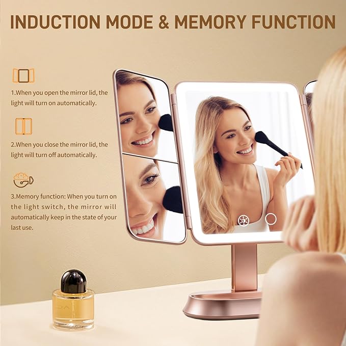 FRANO Lighted Makeup Mirror with 1X/3X/5X Magnification, Elegant Rose Gold Trifold Vanity Mirror, Smart Touch & Sensor, 3 Lighting Modes, Rechargeable Portable Mirror for Gift - Rose Gold