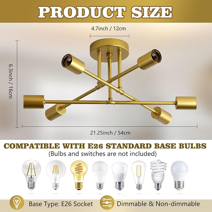 Chandelier, 6-Light Modern Sputnik Ceiling Light, Gold Metal Ceiling Light | Angle Adjustable Dining Room Light Fixture with E26 Base, Light Fixtures Ceiling Mount for Bedroom Living Room Kitchen