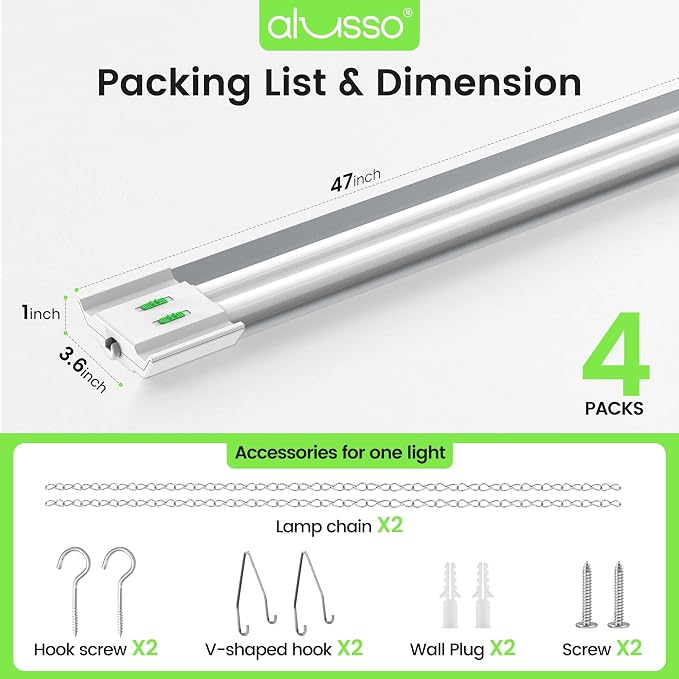 ALUSSO® LED Shop Lights 4FT with Reflector, 5000LM Super Bright, Adjustable 3000K-5000K Color Temperature, 120V, Warm to Cool Daylight Linkable Shop Lights for Workshop/Basement, 4 Pack