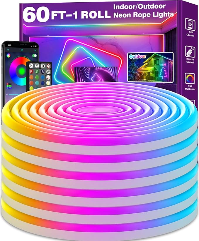 AILBTON 18m Smart Waterproof LED Neon Lights, Music Sync Color Changing, App & Remote Dual Control, High-Appearance Decor Lights for Multiple Scenes