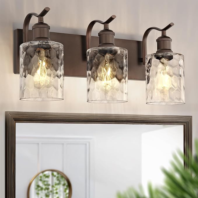 3-Light Bathroom Vanity Light,Hammered Glass,Oil Rubbed Bronze | 19.6 Inch Over Mirror Wall Light,E26 sockets,for bathroom mirror,powder room,dressing area