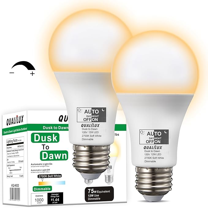 Dusk to Dawn Light Bulbs, Auto On/Off Light Sensing LED Bulbs Outdoor, Soft White, Dimmable, 12W 1000LM 75W Equivalent, HQ-H030