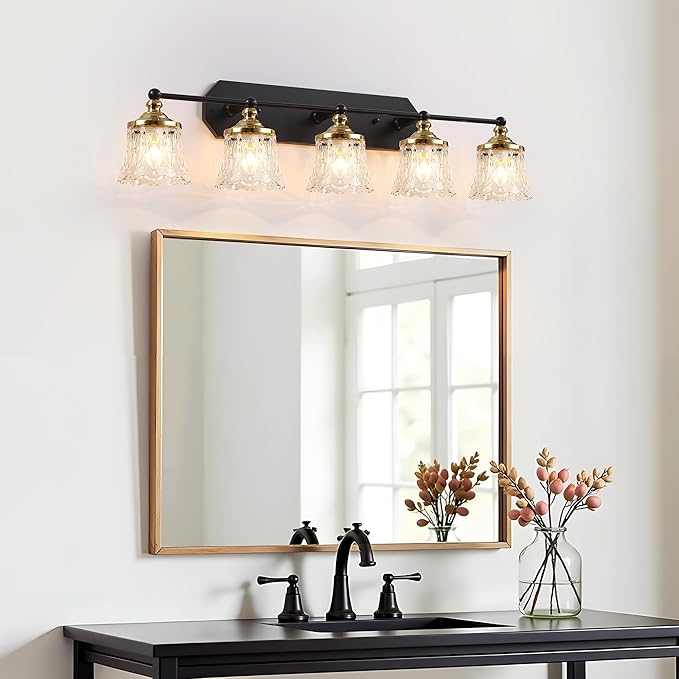 Vintage Bathroom Vanity Light Fixtures, Black and Gold 5-Light Vanity Light, Antique Bathroom Lighting Fixtures Over Mirror with Crystal Glass Shade, Vanity Lights for Bedroom Living Room Hallway