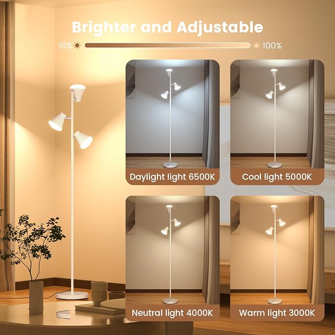36W LED Tree Floor Lamp, Dimmable Tall Standing Lamp with Remote & Touch Control, 4 Color Temperatures Bright Floor Lamp, 3 Rotatable Light Modern Floor Lamps