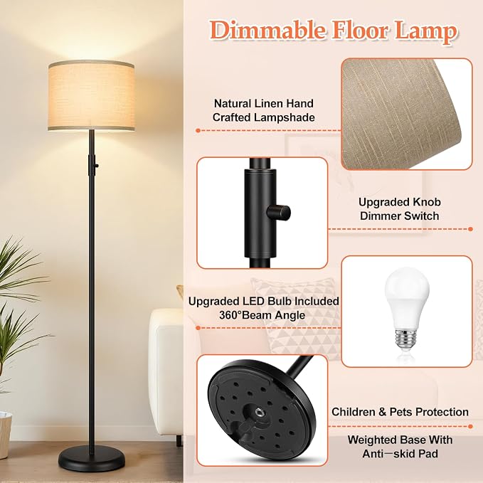 Floor Lamp Simple Design with Shade, Small Tall Lamps for Living Room Bedroom Office Dining Room Kitchen-Black