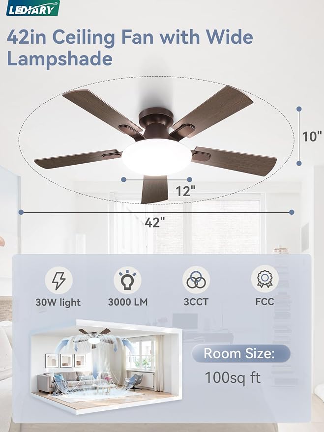 LEDIARY 42 Inch Flush Mount Ceiling Fans with Lights, Remote & APP Control | Bright Light, 3CCT, Dimmable, Memory Function, Timer, Reversible Blade, Quiet DC Motor, Damp-Rated, Bedroom, Covered Patio