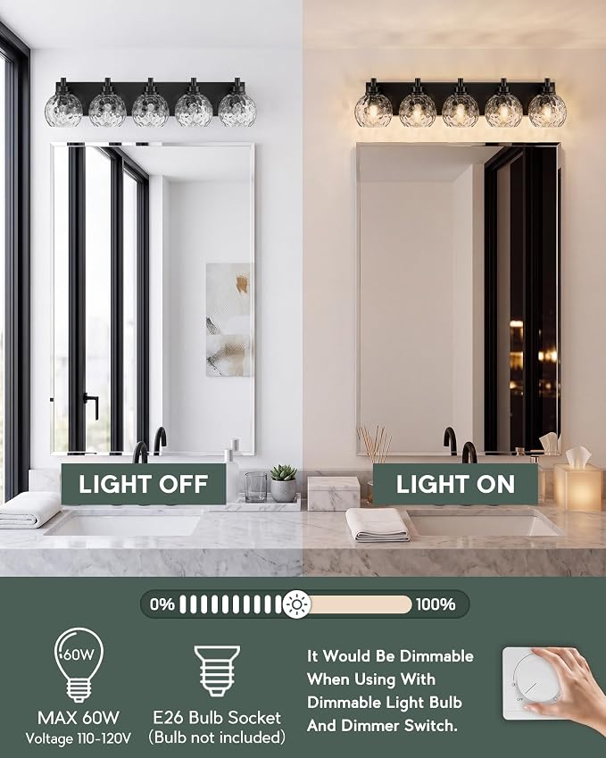 5-Light Black Bathroom Vanity Light, Hammered Glass Globe Shade | 32 Inch matte black modern bathroom light fixture over mirror, UL listed, E26 bulbs, hardwired, upward only, VL200-MB-CL-5