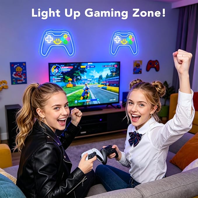 Gaming Neon Signs Controller LED Sign with Remote for Gamer Room Decor, Gamepad Shaped LED Neon Sign for Son Gamer Lovers Gifts, Game Neon Light Smile Face for Basement Bedroom Boys Man Cave Kids Teen