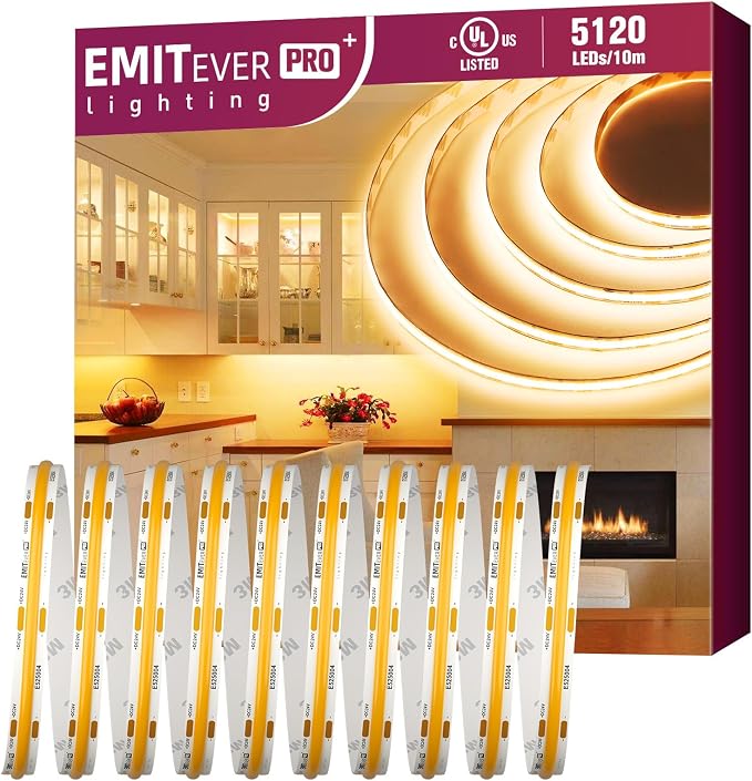 EMITEVER COB LED Strip Lights 2700K 24V, 32.8ft/10m, 5120LEDs, UL Listed | Warm White Tape Light Premium High Density,for Bedroom, Kitchen,Cabinets,360+Lumens/ft,Ra 90+ (Power Supply Sold Separately)