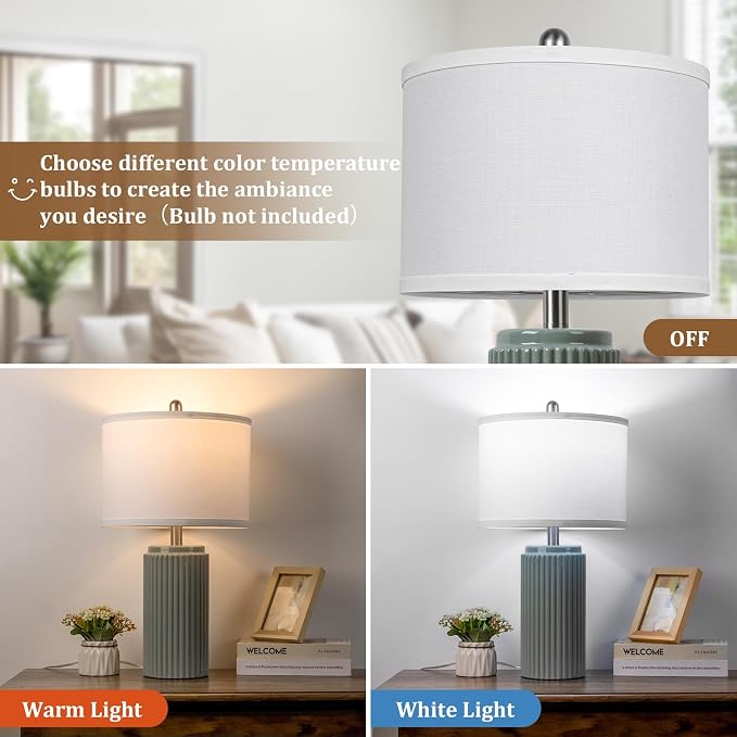 23.5" Green Ceramic Table Lamps Set of 2, Modern Nightstand Lamps | Bedside Table Lamps with White Linen Shade, Ideal Size, Farmhouse Home Decor for Living Room Bedroom Office End Table Dorm