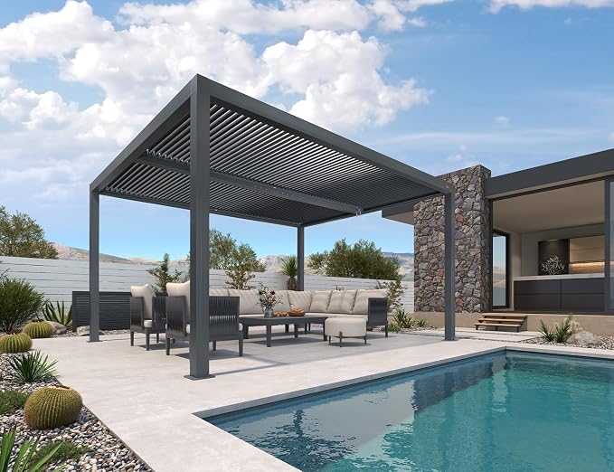 PURPLE LEAF Louvered Pergola 94AS 10' x 12' Aluminum Wind Resistant Gray | All-Aluminum Rustproof Structure, Contemporary Modern Design, Engineered For 53Mph Wind Resistance, 94AS Heavy-Duty Model