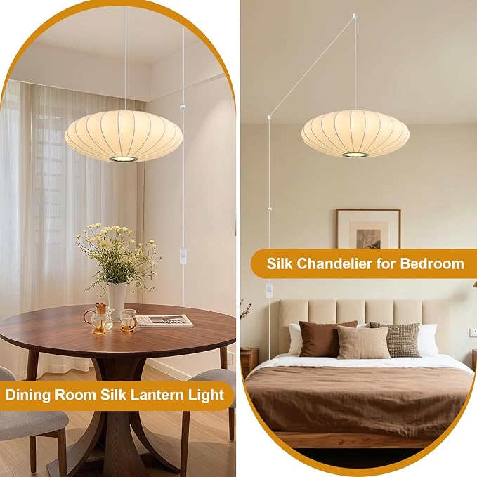 20in Plug in Pendant Light Lantern, White Imitation Silk 3-Light | Plug in Hanging Lamp Wabi Sabi Japanese Bubble Saucer Pendant Chandelier for Living Dinning Room Kitchen Island Bedroom 1PK