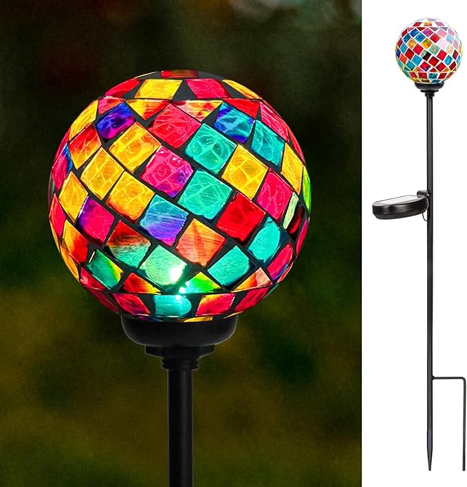 VCUTEKA Decorative Solar Garden Lights, 3.5" Mosaic Globe Outdoor Stake | Mosaic Glass Globe Design, Solar LED Light, Waterproof Design, Auto On/Off and Metal Stake Design for Lawn and Patio