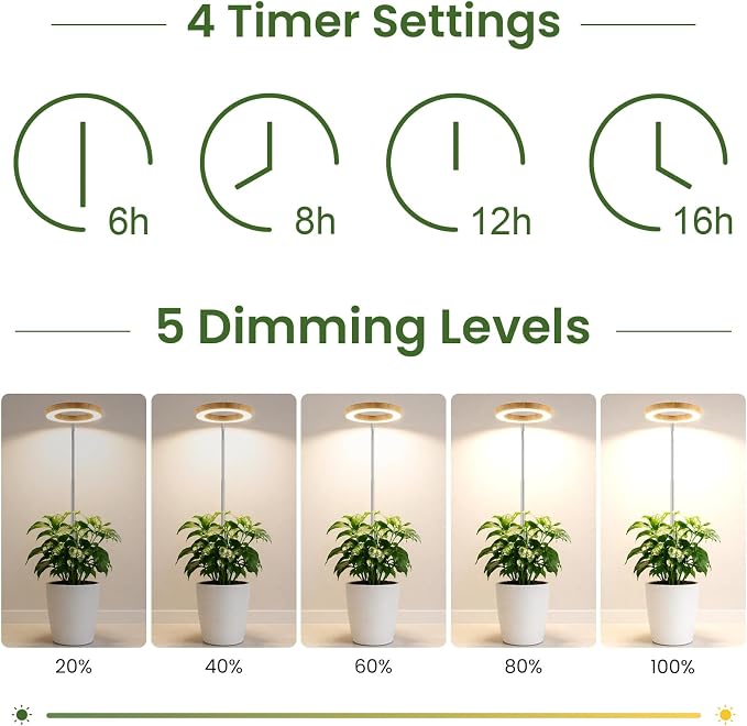 Grow Lights for Indoor Plants, 6.3" Full Spectrum Plant Light with Base | Bamboo Grain Grow Lamp, 65" Adjustable for Indoor Garden Tall Large Plants, 6/8/12/16H Auto Timer, 3 Colors, 5 Brightness