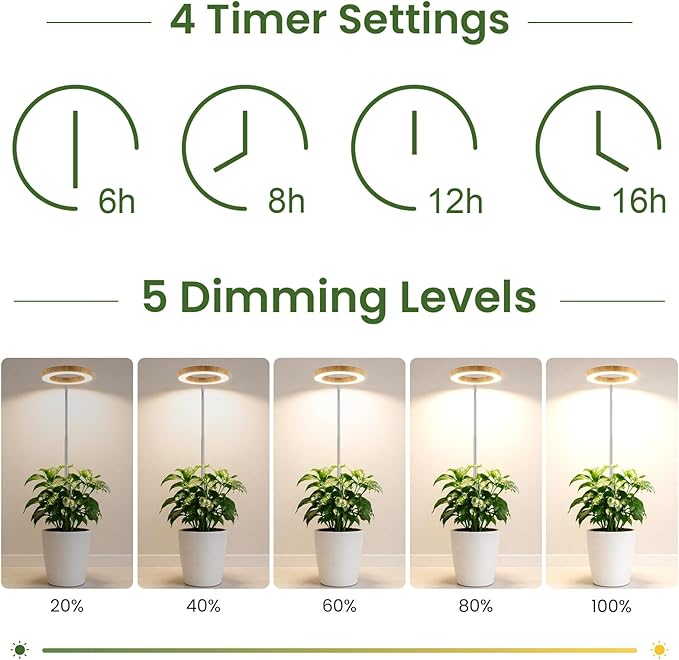 Grow Lights for Indoor Plants, 6.3" Full Spectrum Plant Light with Base | Bamboo Grain, 65" Adjustable for Indoor Garden Tall Large Plants, 6/8/12/16H Auto Timer, 3 Light Colors, 5 Brightness, 2 Pack