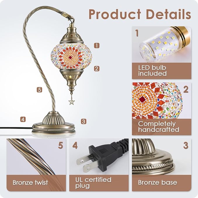Yarra-Decor Turkish Moroccan Lamp with Bronze Base 3 Color Options Handmade Swan Neck Mosaic Glass Bedside Lamps for Bedroom (LED Bulb Included)(Orange1)