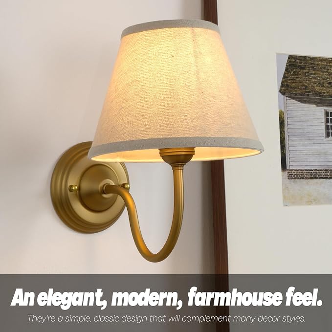 Vintage Curved Arm Fabric Wall Sconce with Linen Cloth Shade, Hardwired Indoor Single Sconce Light Wall Mounted Lamp for Bedroom Living Room Stairs Hallway