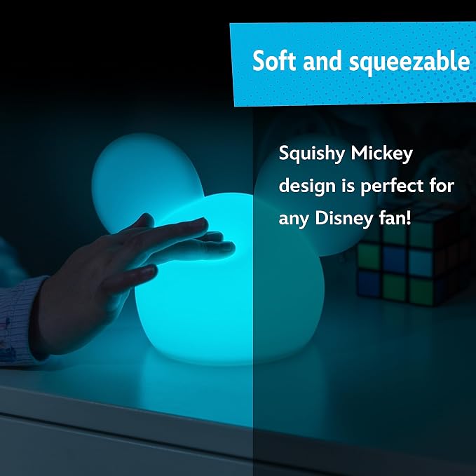 Disney Squish'ems Mickey Mouse Night Light for Kids, Soft Silicone | 13 Color Modes and Dimmable Warm White Light for Kids Room, Nursery, and Bedroom, USB Powered with AAA Battery Option