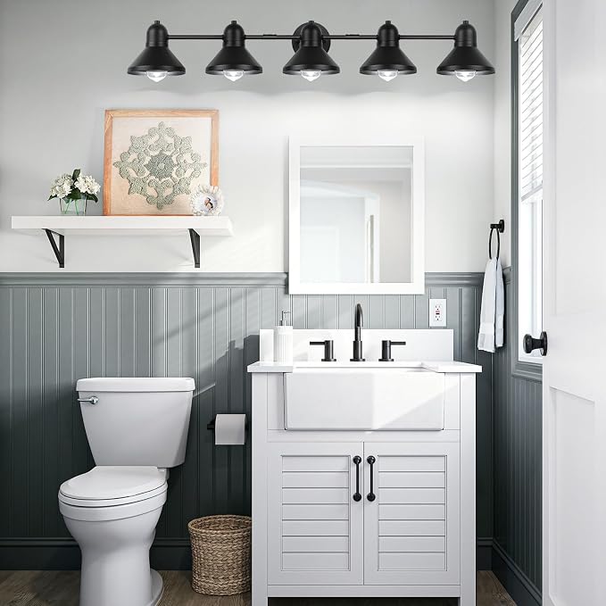 Bairth Bathroom Light Fixtures,5-Light Black Metal Vanity Light Over Mirror | Farmhouse Rustic Industrial Bathroom Vanity Light, Modern Bathroom Lights with Metal Shade for Living Room Cabinet Hallway